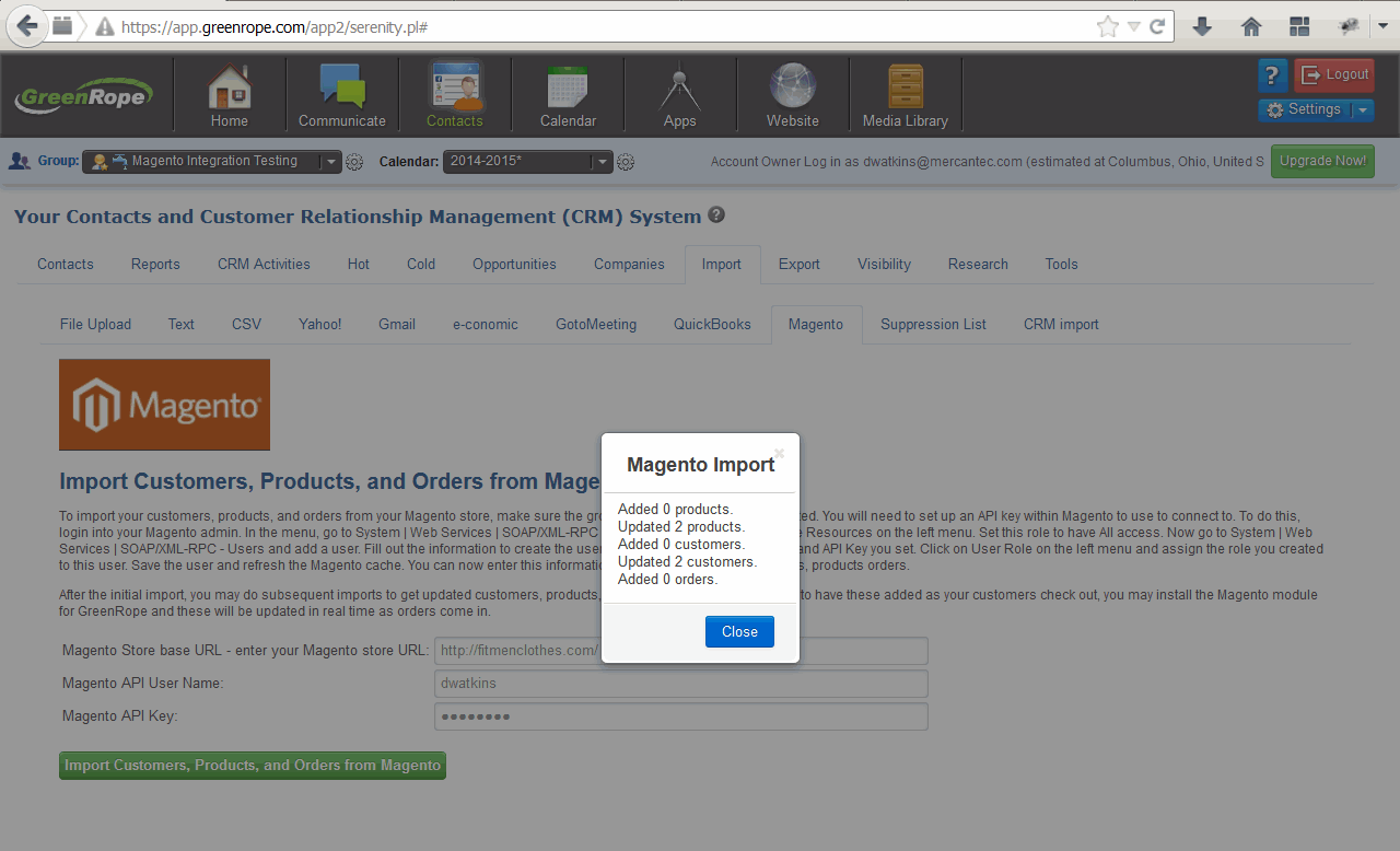 Magento Integration ScreenShot of import process