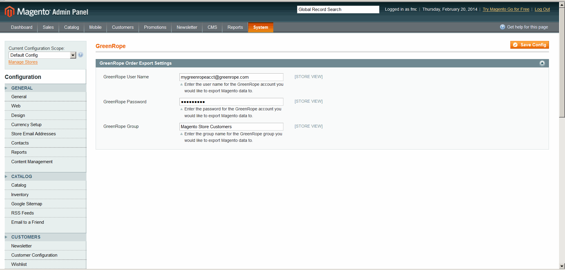 Magento Configuration ScreenShot