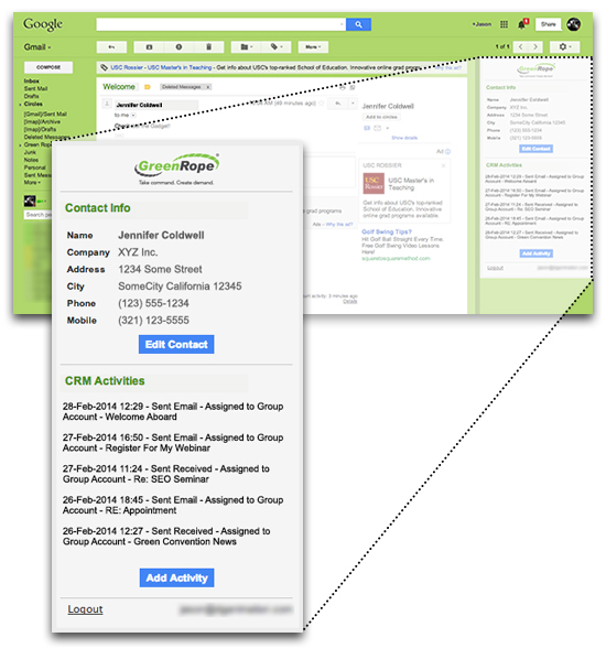 RICH CRM Gmail Gadget in action